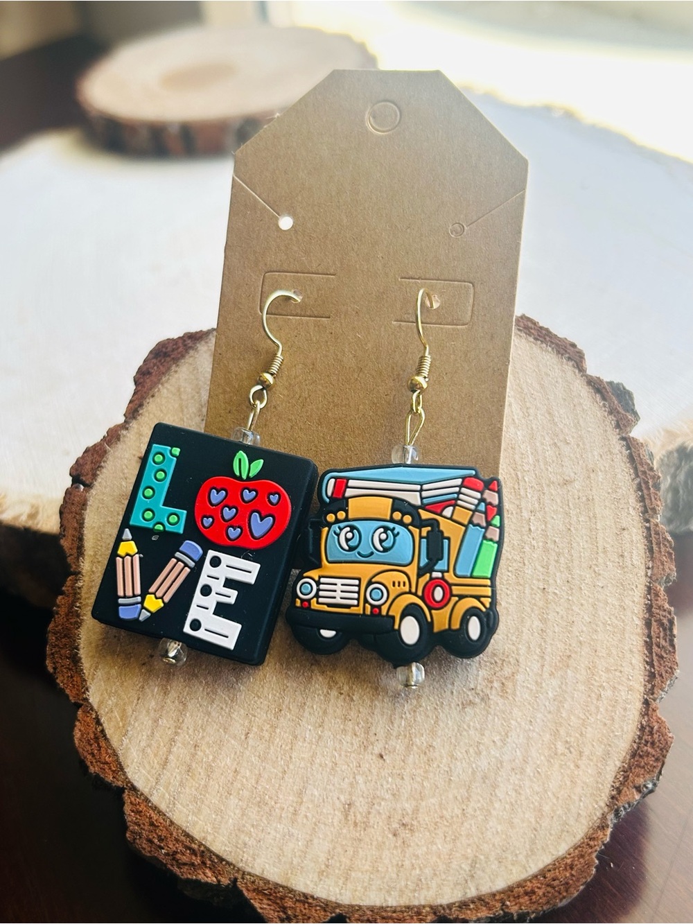 Teacher School Dangle Earrings | Apple & School Bus - Picture 3 of 6